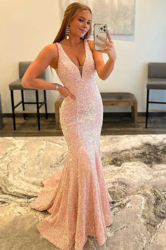 Amzcw Elegant Glitter Plunge Pink Sequin Trumpet Long Formal Dress