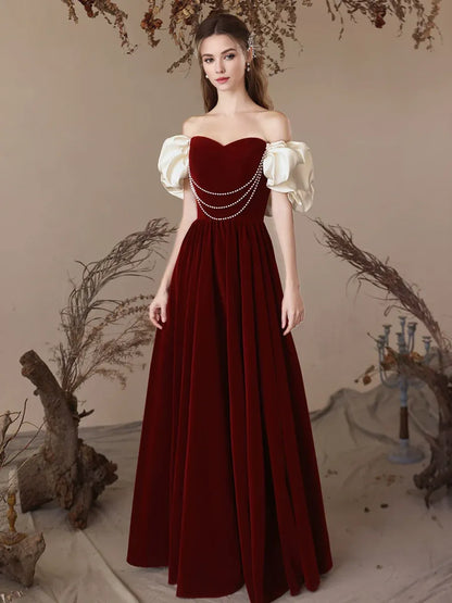 Vestido de fiesta largo de terciopelo burdeos con escote corazón y corte en A de Amzcw, vestido de noche burdeos, vestido de fiesta en tienda 