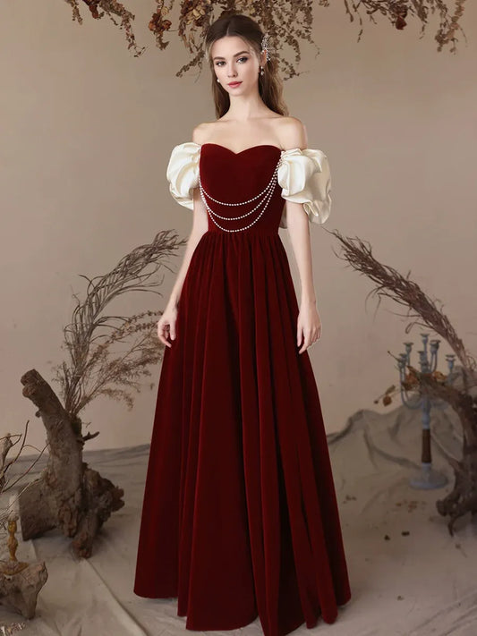 Vestido de fiesta largo de terciopelo burdeos con escote corazón y corte en A de Amzcw, vestido de noche burdeos, vestido de fiesta en tienda 