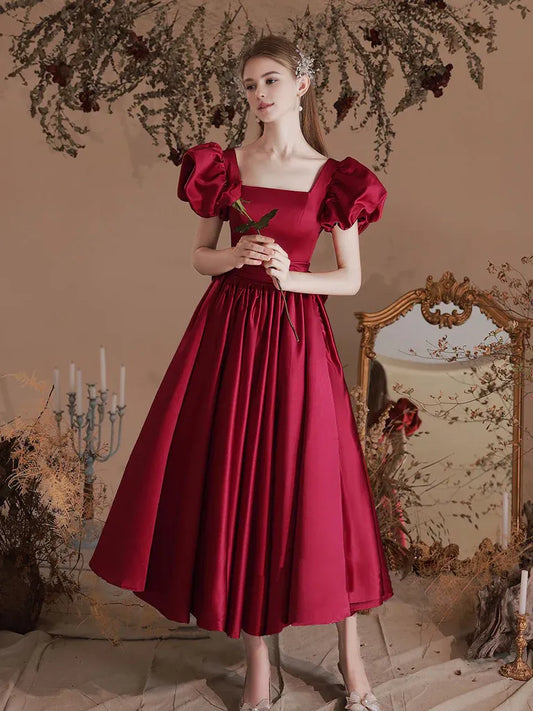 Suknia balowa Amzcw A-Line Satin Tea Length w kolorze bordowym, sukienka formalna w kolorze bordowym, dostępna w sklepie 