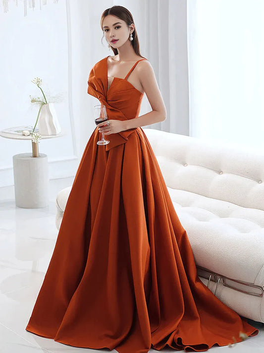 Amzcw Vestido de fiesta largo de satén naranja sencillo Vestido de noche naranja de corte A Tiendas de vestidos de fiesta 