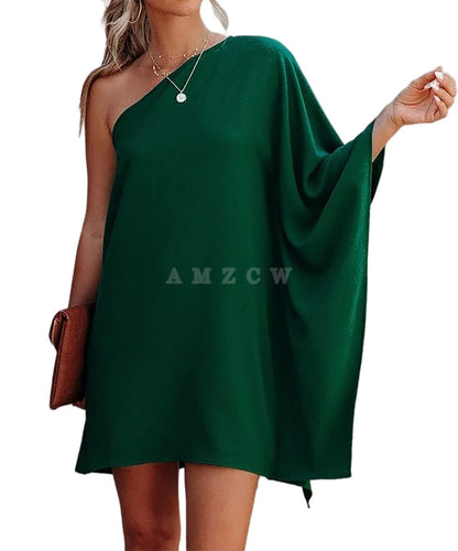 Amzcw Women's Casual Batwing Sleeve One Shoulder Dresses Summer Club Party Cocktail Dresses dresses evening wear ﻿