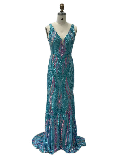 Suknia balowa w kształcie trąbki/syreny z dekoltem w serek, bez rękawów i długości do ziemi, z kwiatowym wzorem i cekinami