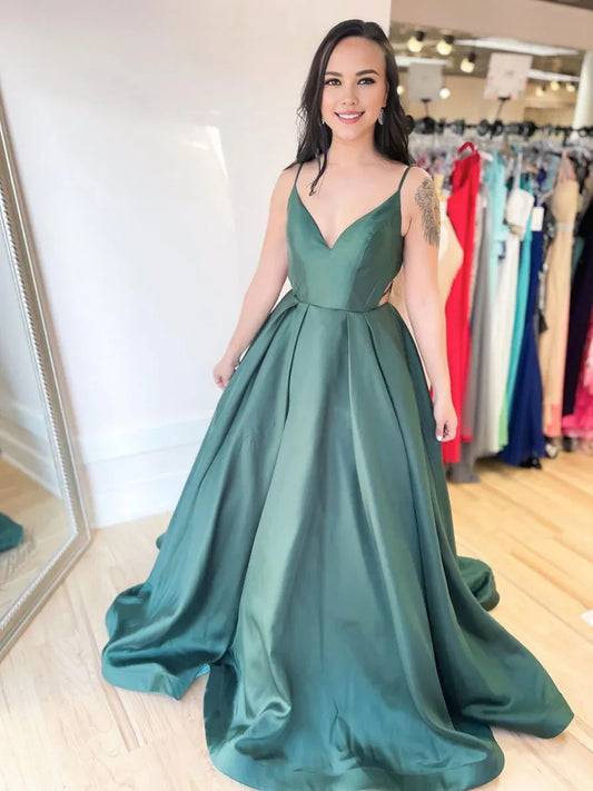 Amzcw Simple v neck satin green long prom dress green long evening dress formal wear dresses
