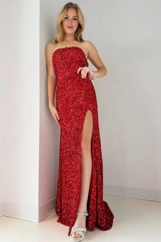 Amzcw Elegant Red Sequin Strapless Backless Mermaid Long Prom Dress with Slit