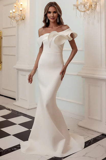 Amzcw One Shoulder Mermaid White Prom Dress gowns evening dresses prom dresses shops ﻿
