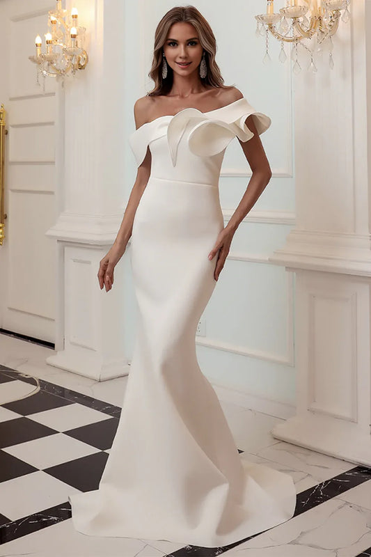 Amzcw One Shoulder Mermaid White Prom Dress gowns evening dresses prom dresses shops ﻿