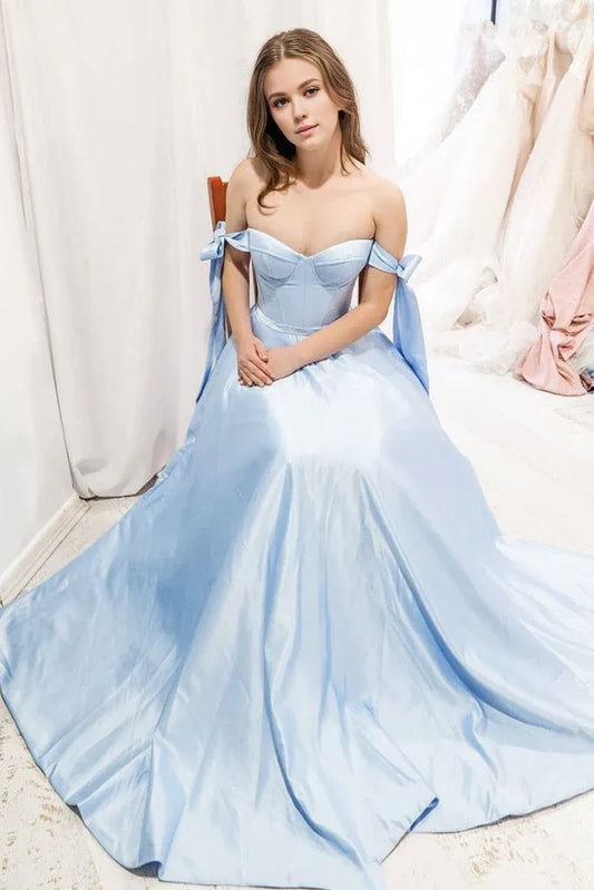 Amzcw Simple blue sweetheart satin long prom dress blue evening dress formal wear dresses