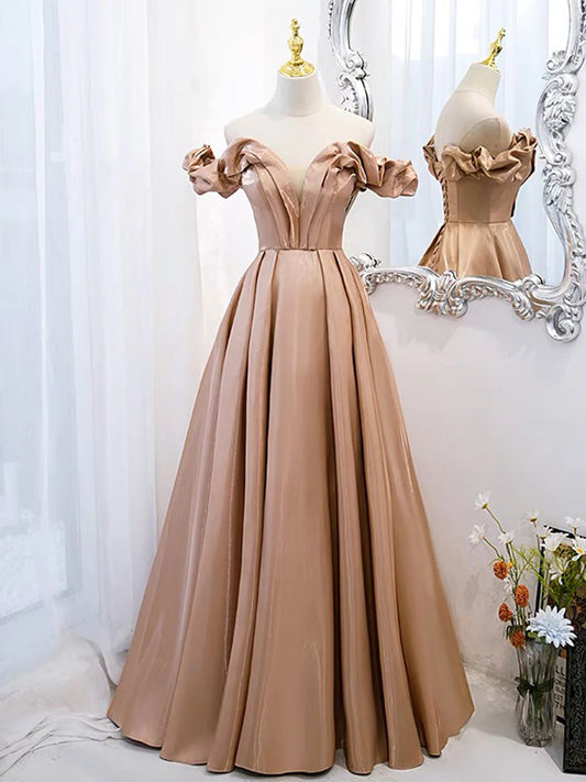 Amzcw A-Line Off Shoulder Satin Champagne Long Prom Dress Champagne Formal Dress prom dress in store