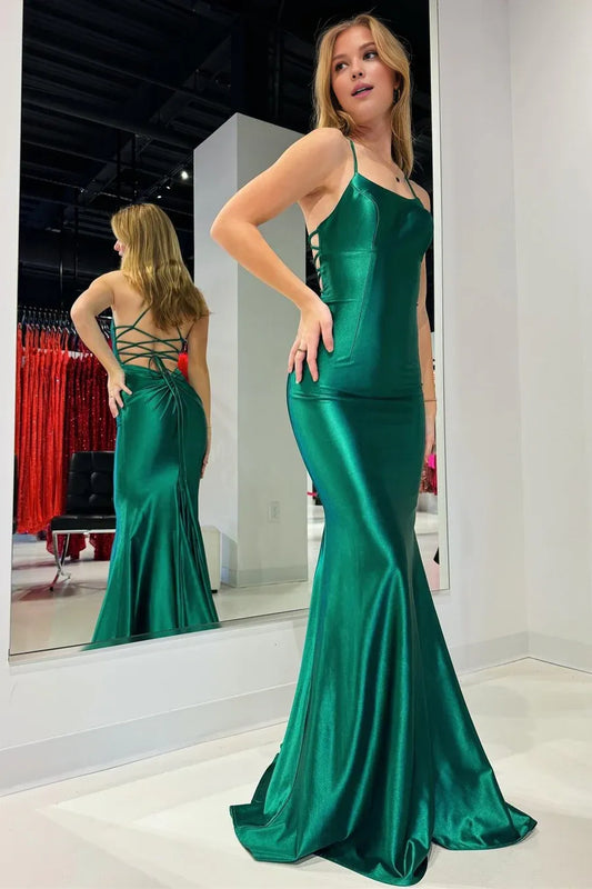 Amzcw Elegant Emerald Scoop Neck Lace-Up Mermaid Long Prom Gown