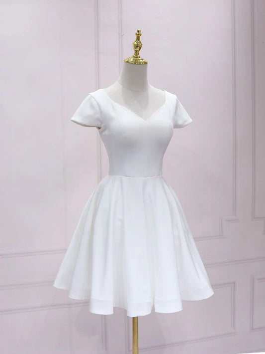 Amzcw White v neck satin lace short prom dress white homecoming dress stores with prom dresses