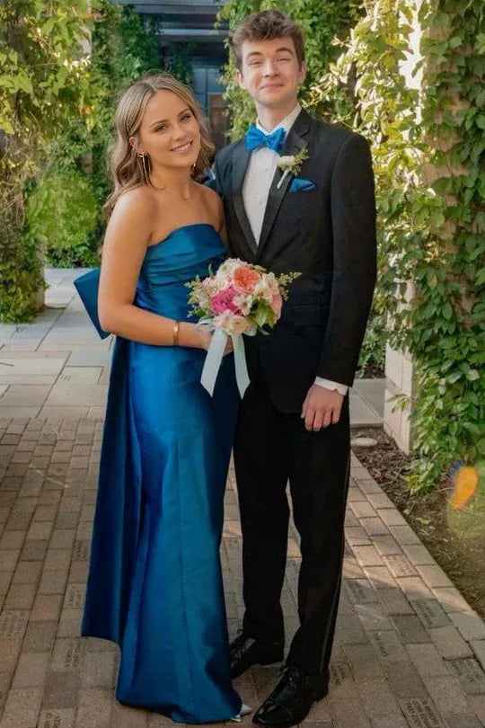 Vestido de fiesta formal de satén con escote redondo, plisado y corte A, sin tirantes y con lazo grande de Amzcw