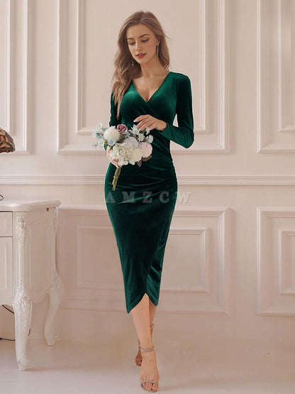 Amzcw Women's Elegant Velvet Long Sleeve Wrap V Neck Ruched Bodycon Cocktail Party Maxi Dress dresses evening wear ﻿