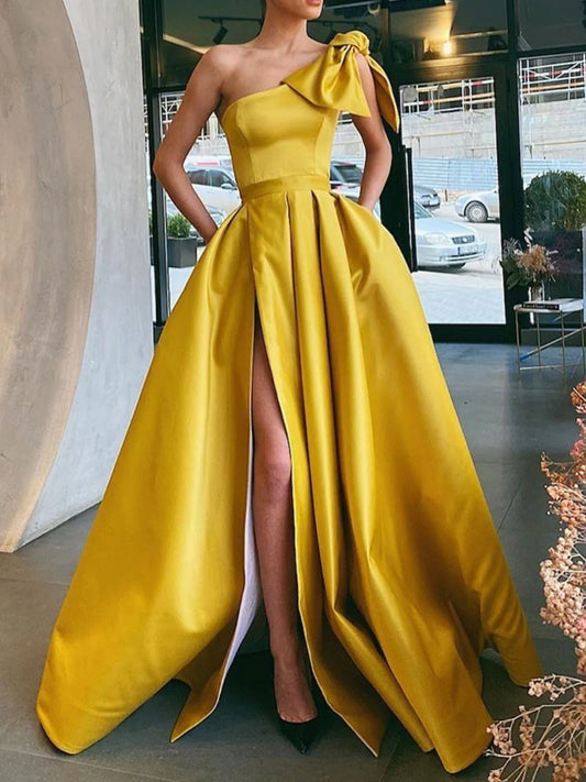 Amzcw Simple yellow satin ball dress yellow evening dress formal wear dresses