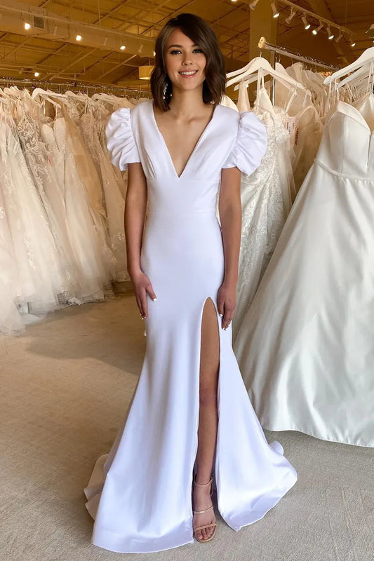 Amzcw Elegant White Plunge V Cutout Back Mermaid Long Formal Dress