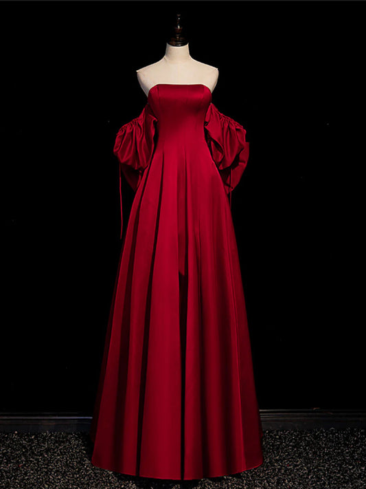 Amzcw A-Line Burgundy Long Prom Dresses Satin Burgundy Formal Evening Dresses prom dress in store