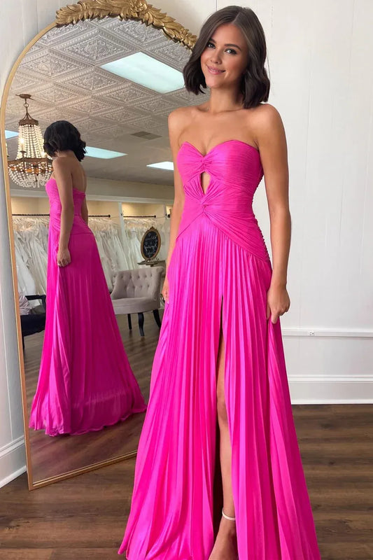 Amzcw Elegant Hot Pink Strapless Keyhole Pleated A-Line Prom Dress