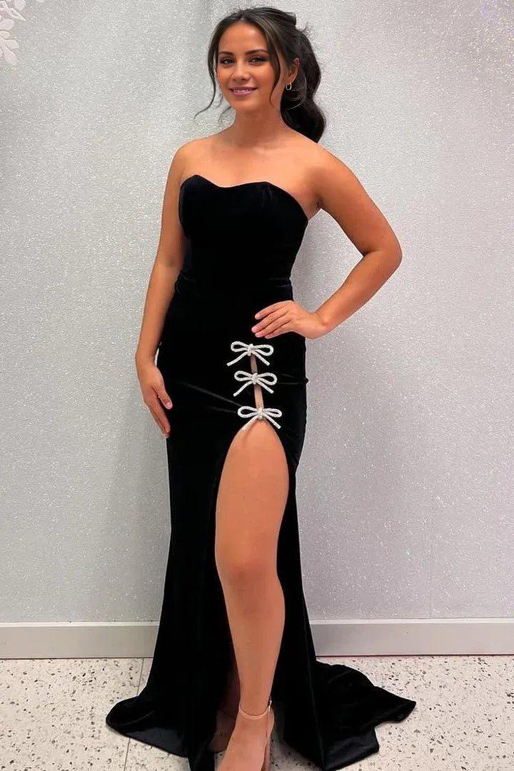 Vestido de fiesta largo Amzcw de terciopelo negro sin tirantes, corte sirena, abertura lateral y lazo