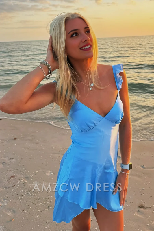 Amzcw Elegant Low V-Neck Ruffle Straps Casual Satin Homecoming Dress formal wear dresses