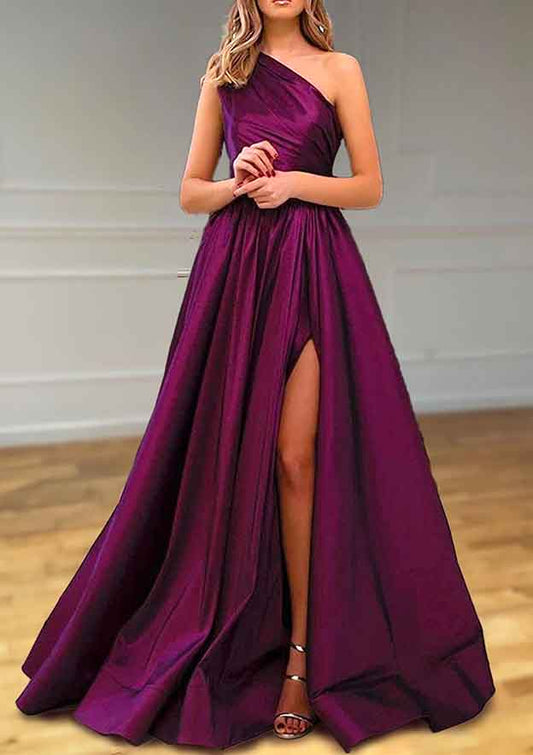 Elegant Satin A-line One-Shoulder Sleeveless With Pleated Split Hot Sale Long Prom Dress