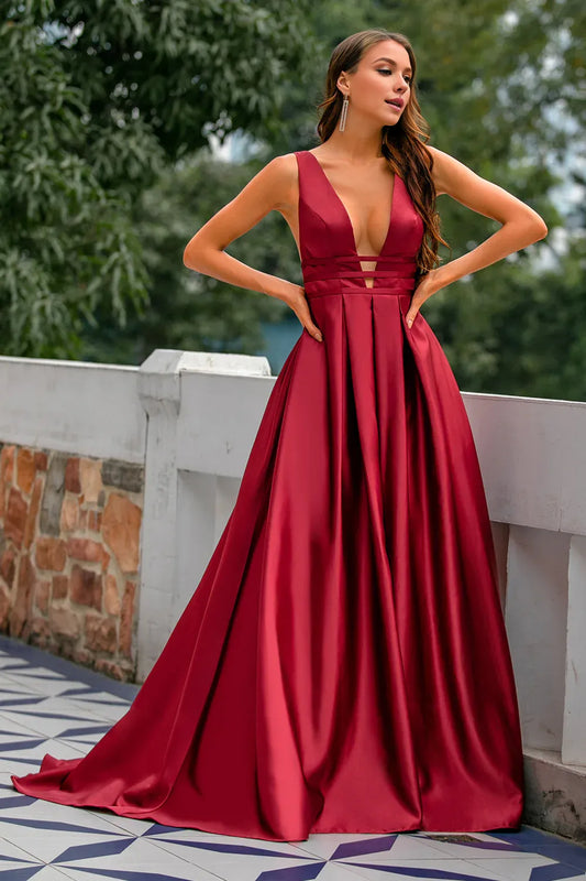 Amzcw Burgundy Satin Long Prom Dress Evening Dress gowns evening dresses Bridesmaid dress shop
