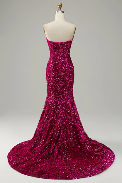 Amzcw Fuchsia Mermaid Sweetheart Neck Sequined Prom Dress With Sweep Train