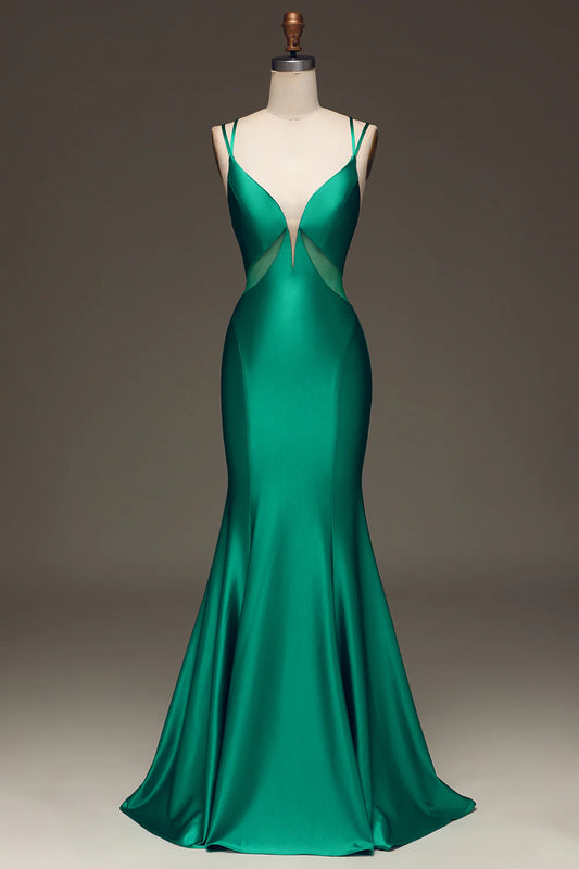 Amzcw Green Deep V-neck Satin Mermaid Prom Dress with Lace-up Back prom dresses shops gowns evening dresses
