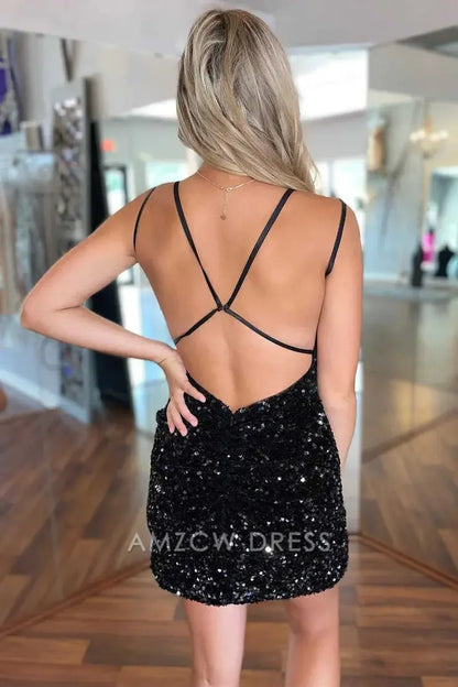 Amzcw Cute Bodycon V Neck Black Sequins Short Homecoming Dresses with Straps formal wear dresses