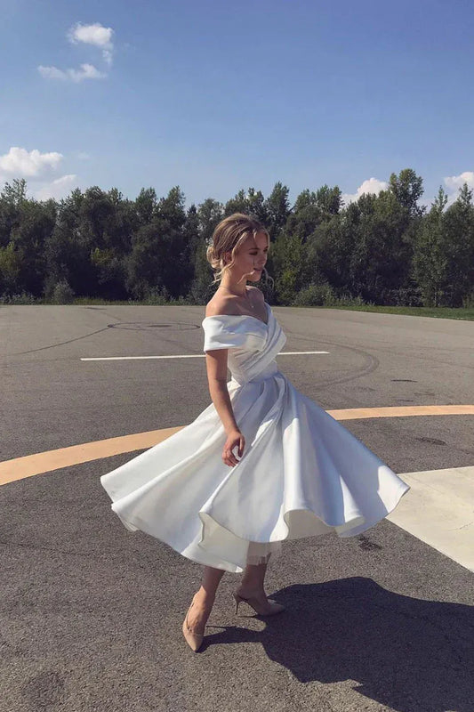 Amzcw Simple White off shoulder satin tea length prom dress white evening dress formal wear dresses