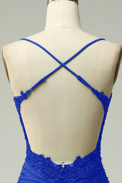 Amzcw Royal Blue Mermaid Halter Long Prom Dress with Appliques Beading