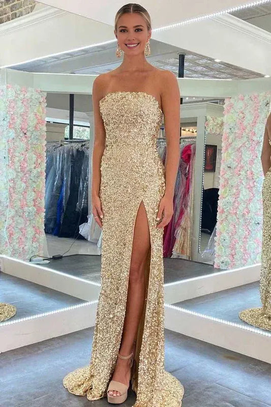 Amzcw Elegant Gold Sequin Strapless Backless Mermaid Long Prom Dress with Slit