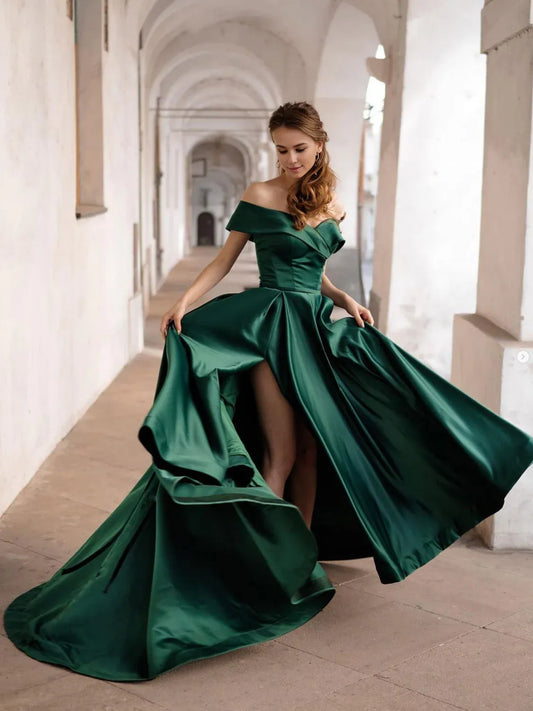 Amzcw Simple off shoulder satin green long prom dress green evening dress formal wear dresses