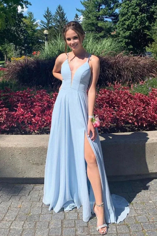 Amzcw Elegant Blue v neck tulle long prom dress blue evening dress New Arrivals