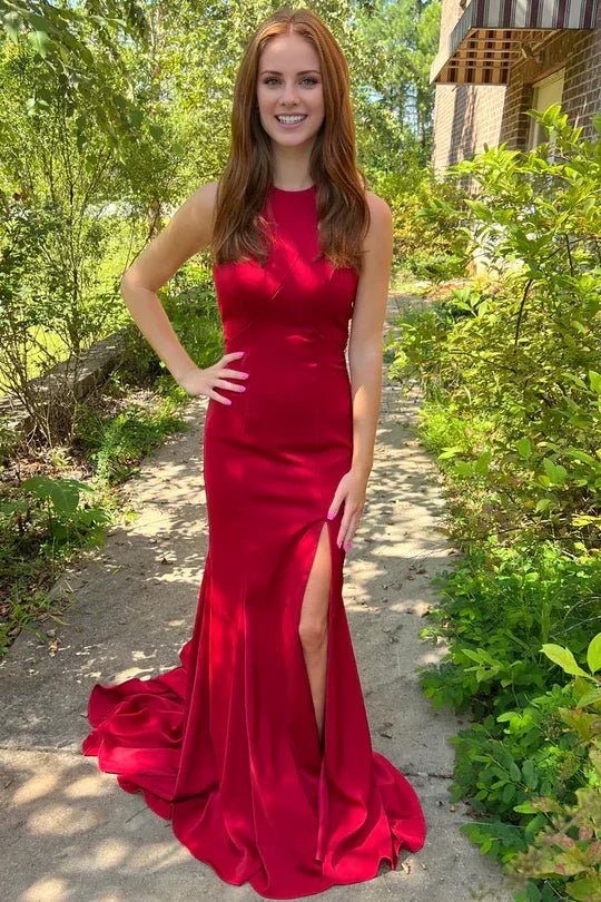 Vestido de fiesta formal Amzcw de sirena, escote redondo, satén plisado, sin mangas y con cola