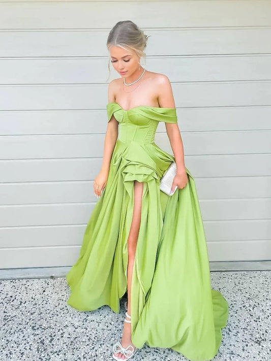 Amzcw Simple green off shoulder satin long prom dress green evening dress formal wear dresses ﻿