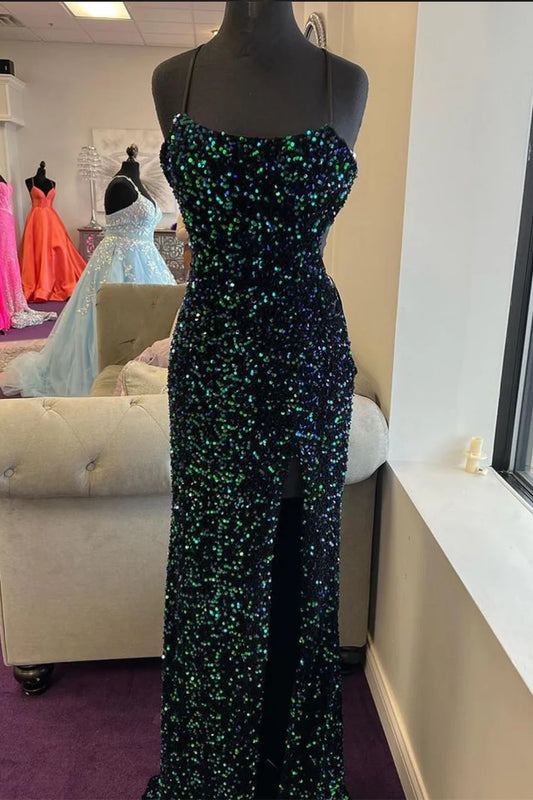 Amzcw Dark Green Sequined Spaghetti Straps Long Formal Dress formal wear dresses