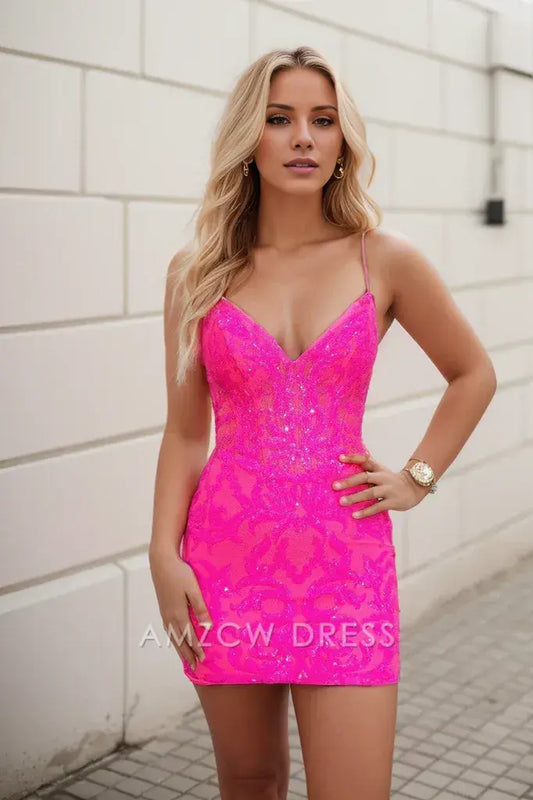 Amzcw Cute Bodycon V Neck Hot Pink Sequins Homecoming Dresses formal wear dresses