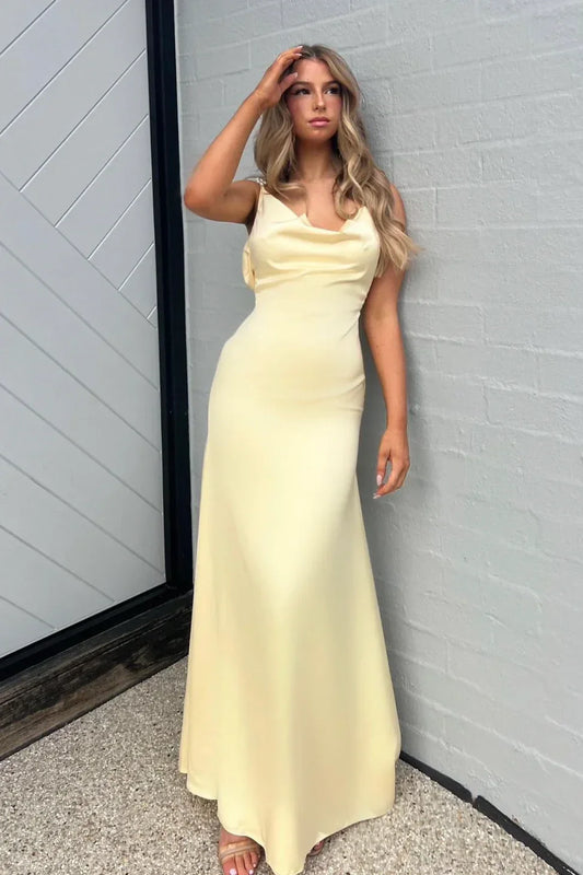 Charming Yellow Sheath Spaghetti Straps Cowl Neck Sleeveless Party Dress with Pearl Backless Cheap Long Prom Dress