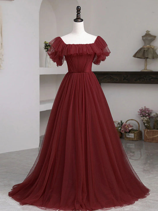 Vestido de fiesta largo Amzcw de tul burdeos, corte A, sencillo, vestido formal de tul burdeos, vestidos formales 