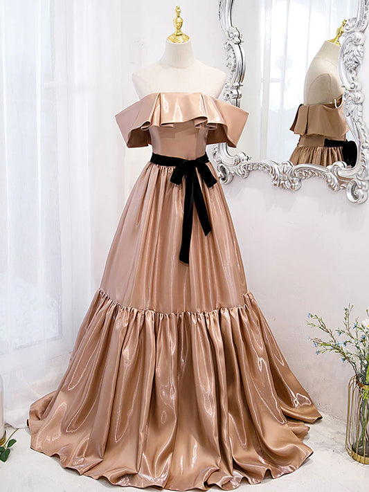 Amzcw Vestido de fiesta largo sencillo con hombros descubiertos color champán, vestido de dama de honor color champán, tiendas de vestidos de fiesta 
