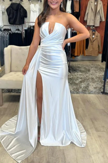 Vestido largo de fiesta formal con cola y plisado de satén blanco sin tirantes de Amzcw