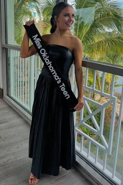 Vestido de fiesta largo plisado con escote redondo y corte A sin tirantes negro de Amzcw