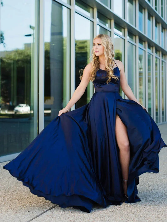 Amzcw Vestido de fiesta largo de satén azul sencillo, vestido de noche azul sin espalda, vestidos formales 
