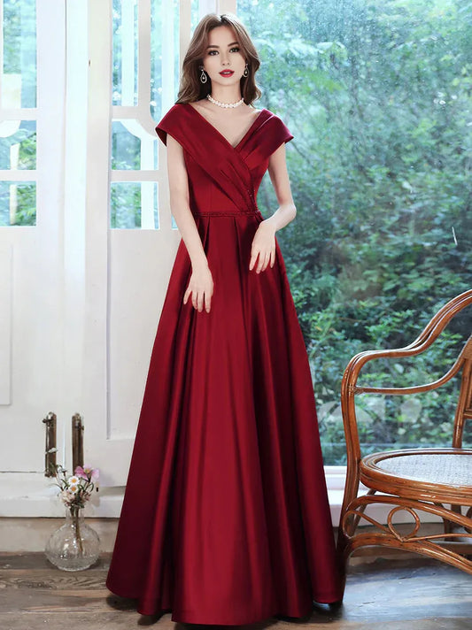 Amzcw Burgundy v neck satin long prom dress burgundy evening dress formal wear dresses
