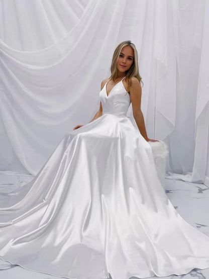 Amzcw Simple white v neck satin long prom dress white A line evening dress formal wear dresses