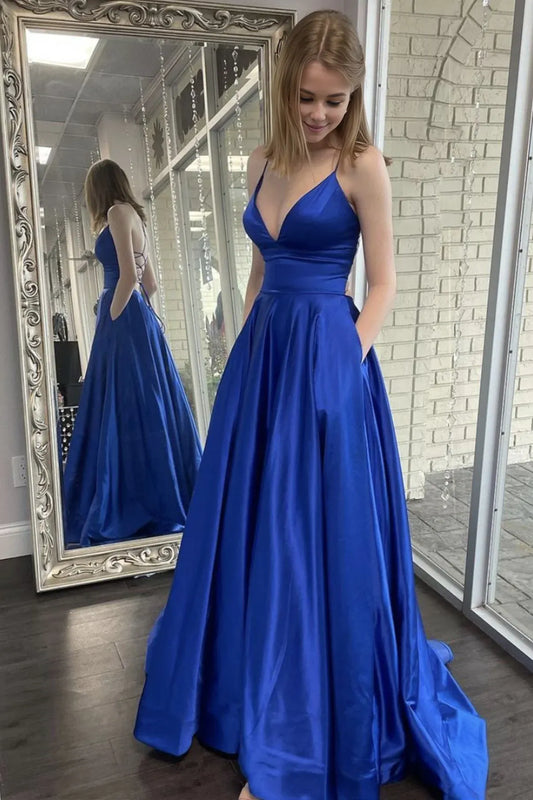 Amzcw Simple blue v neck satin long prom dress blue formal dress New Arrivals