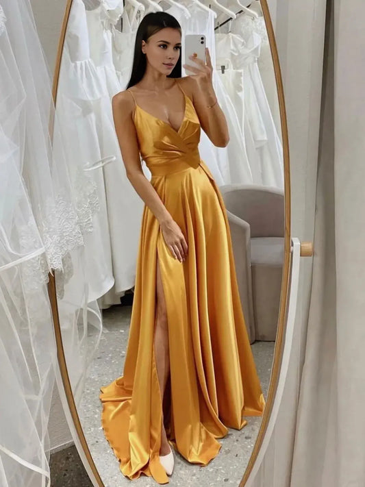 Amzcw Vestido de fiesta largo amarillo de satén con escote en V sencillo Vestido de noche amarillo Vestidos de fiesta Tiendas 