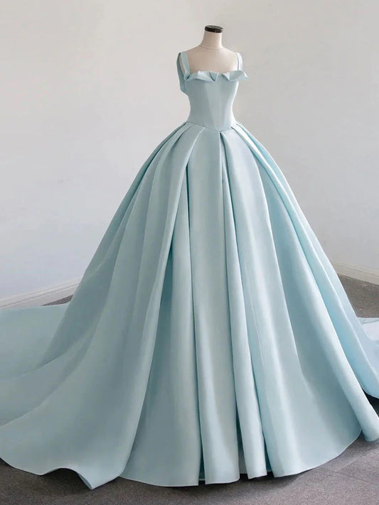 Suknie wieczorowe Amzcw Blue Satin Sweep Train Long Prom Dresses w sklepie Blue Satin Evening Dress 