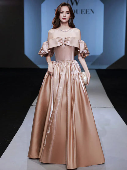 Amzcw Simple off shoulder satin long prom dress champagne evening dress prom dresses shops