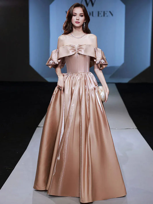 Amzcw Simple off shoulder satin long prom dress champagne evening dress prom dresses shops